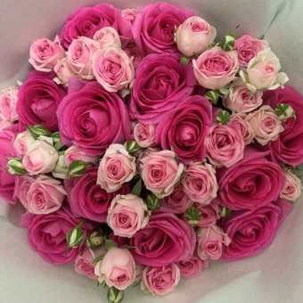 Букет из 13 розовых роз и 8 кустовых роз